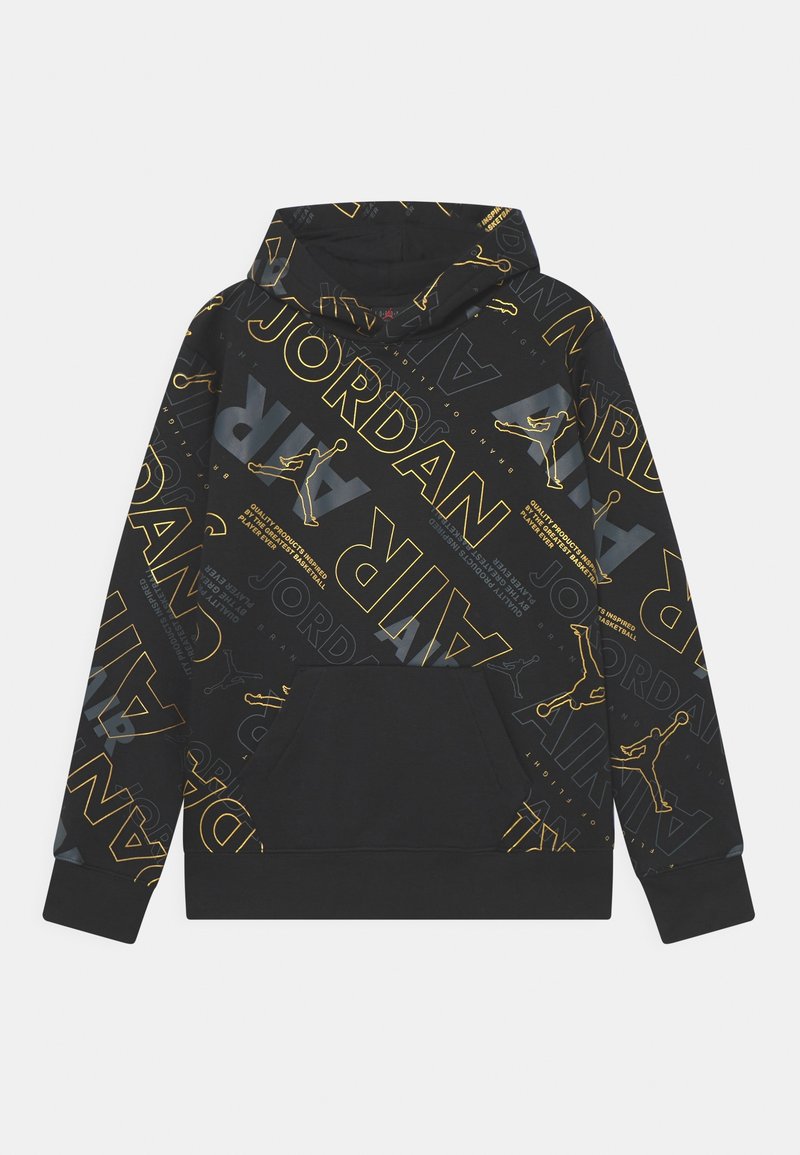 Felpa nera con cappuccio, caratterizzata da testo e loghi "JORDAN" in giallo e grigio, motivi multidirezionali, tasca frontale e polsini e orlo a coste.