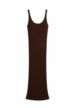 Rochie lungă fără mâneci, maro, din tricot cu dungi, decolteu în formă de semicerc și modele circulare texturate în zona taliei.