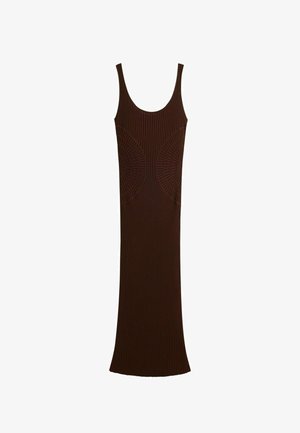 Ärmelloses langes braunes, geripptes Strickkleid mit Rundhalsausschnitt und kreisförmigen, strukturierten Mustern im Taillenbereich.