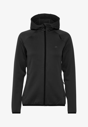 Schwarze Softshell-Jacke mit Kapuze, ausgestattet mit einem durchgehenden Reißverschluss, Seitentaschen und einem schlanken Design aus glattem, dehnbarem Material.