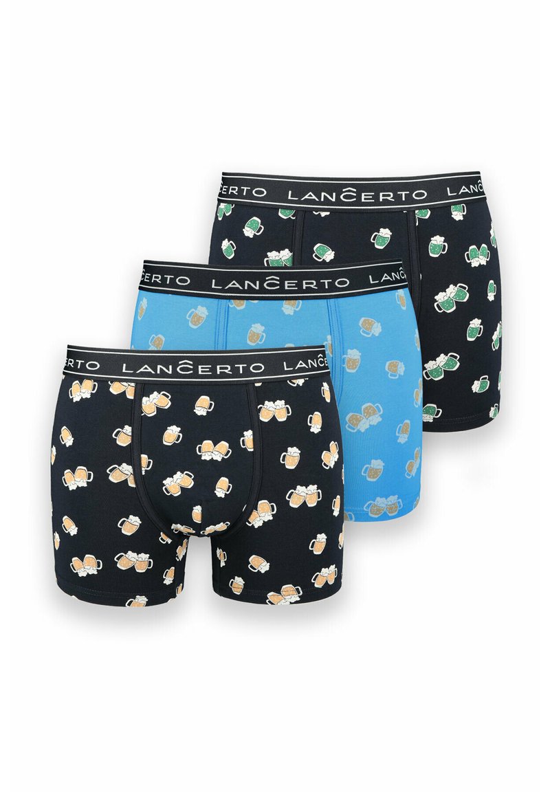 Trzy pary męskich bokserek w kolorze niebieskim oraz dwa czarne fasony, z nadrukami kufli piwa i pianki. Elastyczny pas z logo "LANCERTO".