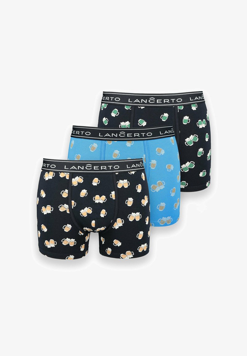 Trzy pary męskich bokserek w kolorze niebieskim oraz dwa czarne fasony, z nadrukami kufli piwa i pianki. Elastyczny pas z logo "LANCERTO".