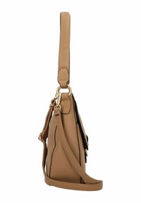 Taschen aus braunem Leder mit strukturiertem Finish, ausgestattet mit einem einzelnen Schulterriemen, goldenen Hardware-Akzenten und schwarzem Piping entlang der Kanten.