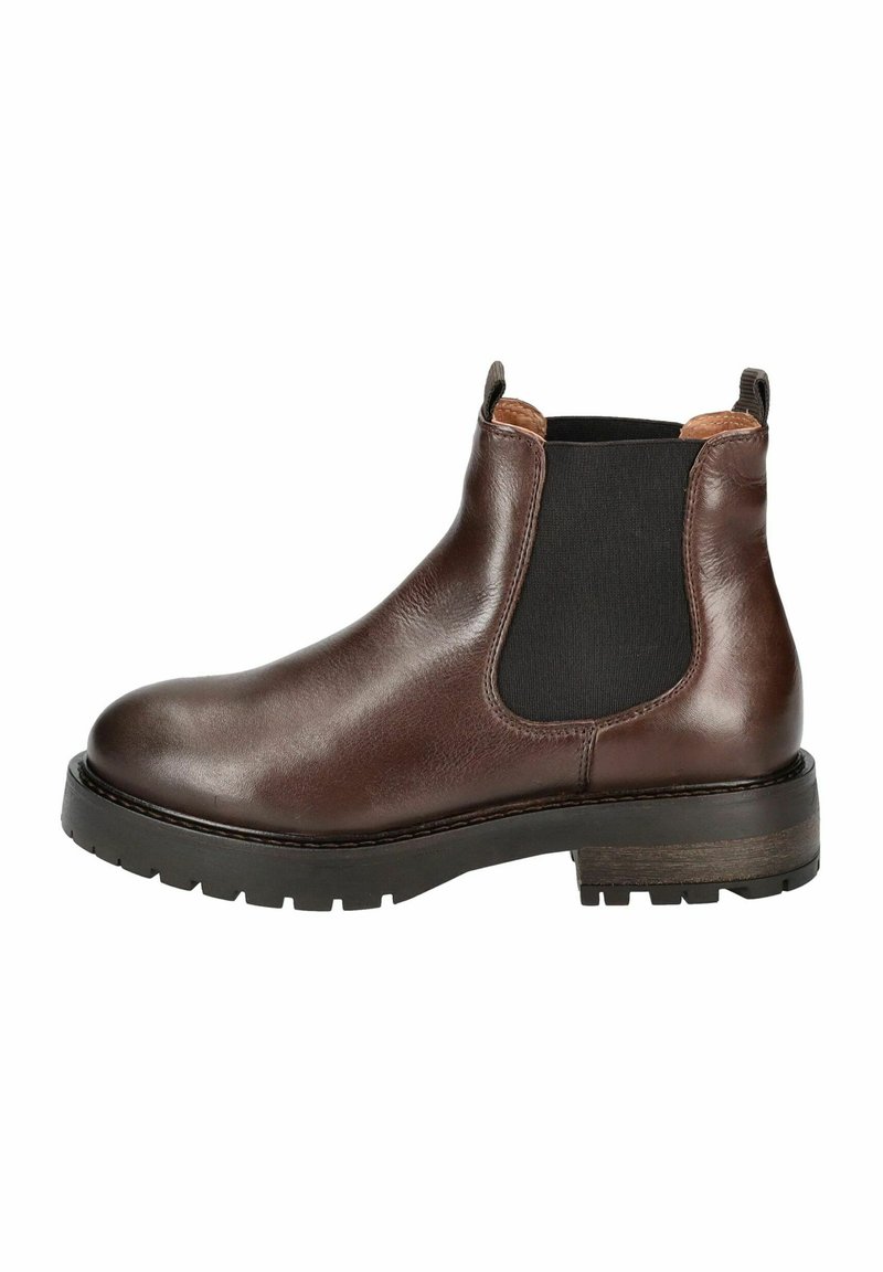 Bottine Chelsea en cuir marron avec des panneaux latéraux élastiques, bout rond, surface texturée et semelle en caoutchouc robuste. Équipée de languettes de tirage pour un enfilage facile.