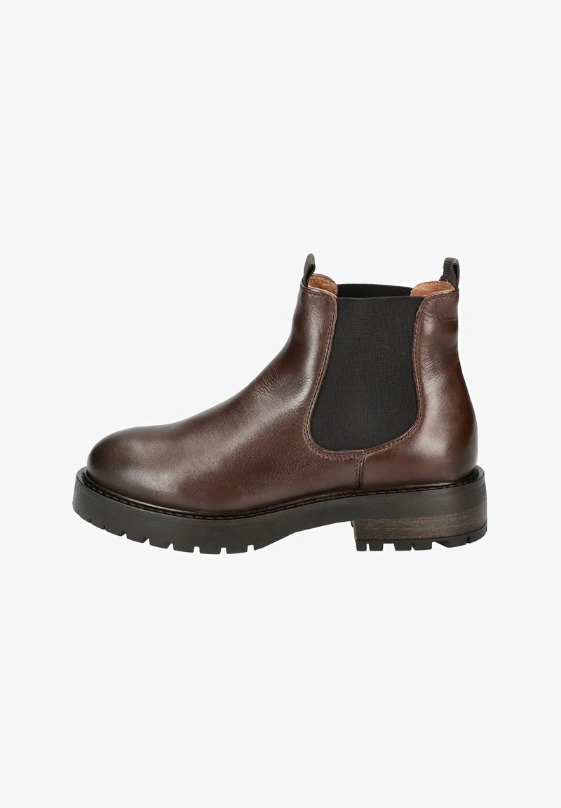 Bottine Chelsea en cuir marron avec des panneaux latéraux élastiques, bout rond, surface texturée et semelle en caoutchouc robuste. Équipée de languettes de tirage pour un enfilage facile.