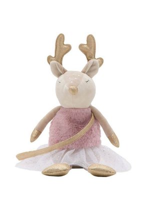 Peluche renne avec un tissu beige, un corps en fourrure rose, des bois dorés, une jupe en tulle blanche douce et une ceinture en ruban doré.