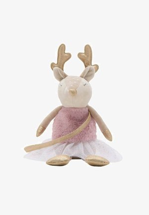 Zabawka w kształcie renifera, z beżowym materiałem, różowym futerkiem, złotymi rogami, miękką białą tiulową spódnicą oraz złotym paskiem.