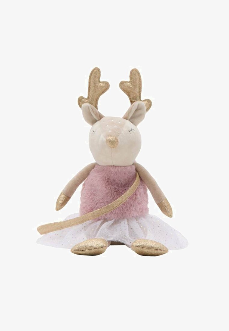 Hračkársky sob s béžovou textúrou, telom z ružového plyšu, zlatými rohmi, jemnou bielou tylovou sukňou a zlatou stuhou.