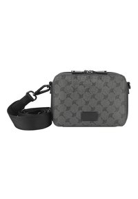 Borsa a tracolla grigia con motivo, in tessuto texturizzato, forma rettangolare, doppie zip e tracolla regolabile. Presenta un'etichetta con logo in plastica.