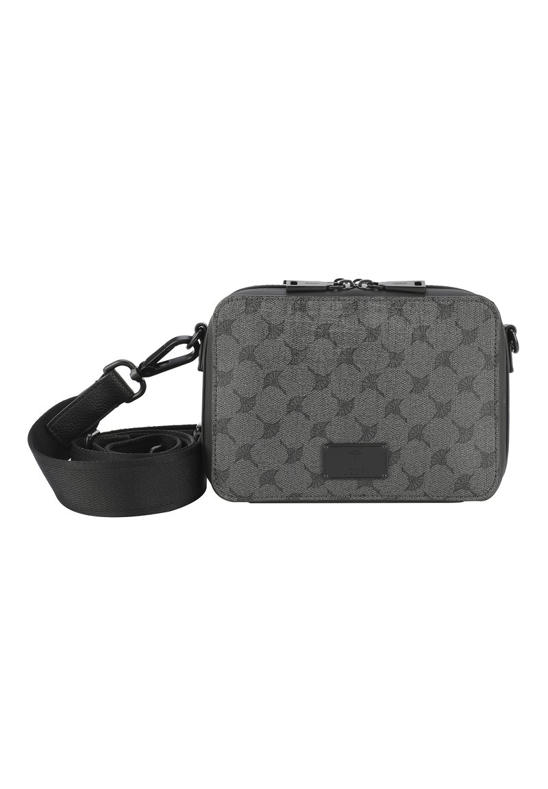 Borsa a tracolla grigia con motivo, in tessuto texturizzato, forma rettangolare, doppie zip e tracolla regolabile. Presenta un'etichetta con logo in plastica.