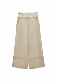 Béžové kalhoty culottes vyrobené z texturované látky s třepeným lemem, s vysokým pasem a dvěma postranními kapsami. Jednoduchý, rovný střih nohavic.