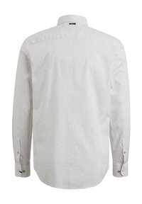 Witte langemouwen shirt met een subtiele patroonstructuur, met knoopmanchetten en een klassieke kraag. Achteraanzicht toont een gladde afwerking.