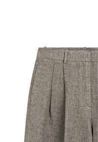Pantalons en lin gris avec une finition texturée, présentant un devant plissé, une taille standard et des passants de ceinture pour un ajustement sécurisé.