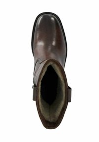 Brown leather boot with a smooth finish, almond-shaped toe, and interior fleece lining. Features a side zip and a leather strap accent.