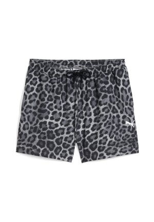 Šortky s černošedým leopardím potiskem, s elastickým pasem a stažením na šňůrku, a bílým logem v dolním pravém rohu.