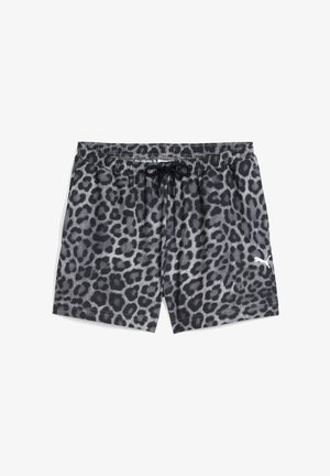 Fekete és szürke leopárdmintás rövidnadrág, elasztikus derékpánttal, húzószorítós zárással és egy fehér logóval az alsó jobb oldalon.