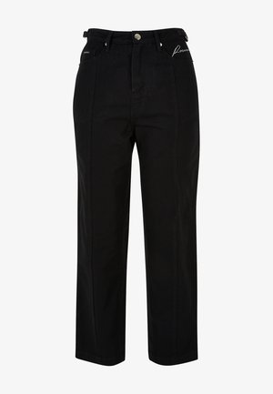 Pantaloni neri in cotone a vita alta con design a gamba dritta, dotati di chiusura con bottone, cinque tasche e dettaglio di logo ricamato sulla vita.