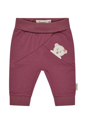Soft purple baby pants with a wide waistband and an embroidered white bear peeking out from a front diagonal seam pocket.