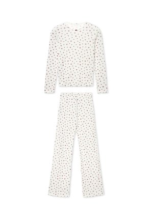 Ensemble de pyjama en coton blanc comprenant un haut à manches longues et un pantalon assorti, ornés de petits motifs de fleurs rouges. Texture douce, coupe décontractée.