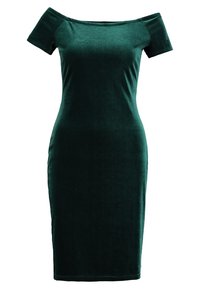 Grøn fløjl off-shoulder kjole med korte ærmer, tætsiddende silhuet, knælangt design og glat blød tekstur.
