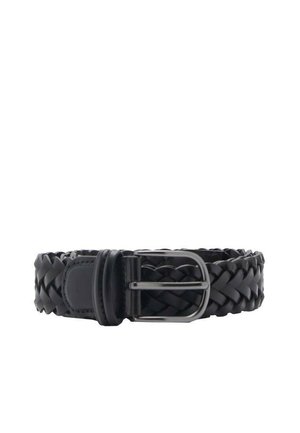 Black braided leather belt with a silver metal buckle. Features a textured woven design and a smooth leather accent near the buckle.