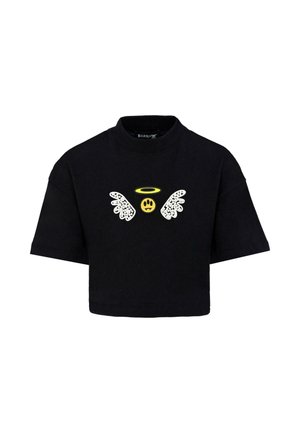 Zwarte cropped t-shirt met korte mouwen, met een centrale gele smiley-gezichtsgrafiek omringd door witte vleugels en een halo-ontwerp.