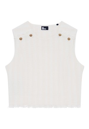 Top court sans manches en tweed blanc avec des bords effilochés et quatre boutons décoratifs dorés près de l'encolure, étiqueté "The Kooples".