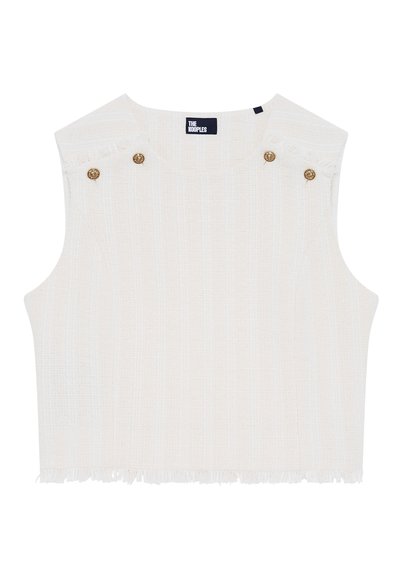 Top corto bianco in tweed senza maniche con orli sfilacciati e quattro bottoni decorativi dorati vicino al collo, etichettato "The Kooples."