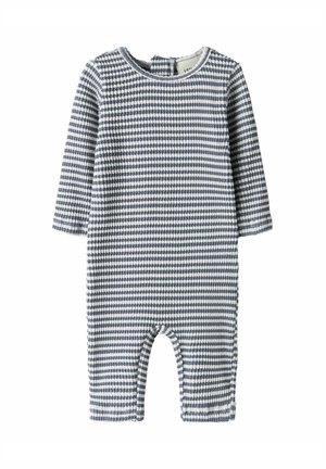 Vauvan pitkähihainen haalari, jossa on harmaita ja valkoisia vaakaraitoja ja takana painonapit.