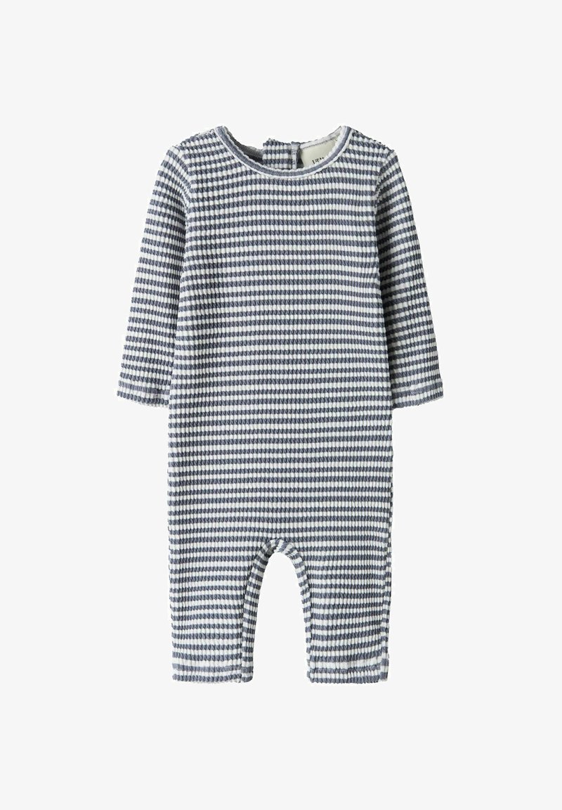 Long-sleeve baby romper with gray and white horizontal textured stripes and back snap closure.