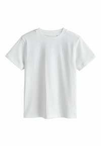 Weißes Baumwoll-T-Shirt mit kurzen Ärmeln, Rundhalsausschnitt und schlichtem Design. Glatte Textur, ohne Muster oder Verzierungen.