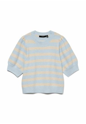 Pull à manches courtes rayé bleu clair et beige avec un col rond, une texture tricotée, et des manches bouffantes, doté de poignets et d'un ourlet côtelés.