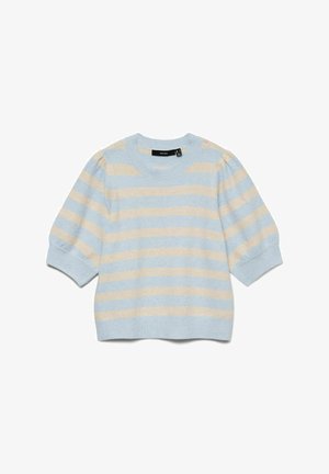 Pull à manches courtes rayé bleu clair et beige avec un col rond, une texture tricotée, et des manches bouffantes, doté de poignets et d'un ourlet côtelés.