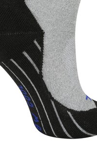 Calzino nero e grigio con un design texturizzato, caratterizzato da dettagli blu e strisce bianche sui lati. Tessuto morbido con una vestibilità aderente.