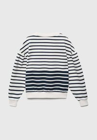 Felpa a righe con un design bianco e blu navy, materiale a maglia, vestibilità rilassata, polsini a coste e scollatura a girocollo.