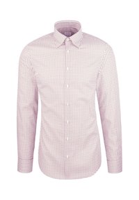 Camicia a maniche lunghe di colore rosa chiaro con un piccolo motivo a quadretti. Realizzata in tessuto dalla texture morbida e con colletto button-down.