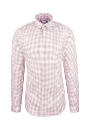Langarmhemd in Hellrosa mit kleinem Karomuster. Hergestellt aus einem Stoff mit glatter Textur und Kragen mit Knopfleiste.