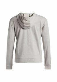Grå huvtröja i mjuk bomullsblandning, med en avslappnad passform, långa ärmar och ribbad nederkant. Bakifrån syns huvan och sömmarna.