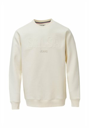 Kermakankainen pitkähihainen crewneck-sweatshirt, jossa on kohokuvioitu "SALSA"-logo ja painettu "JEANS"-logo rinnassa.
