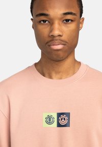 Pink sweatshirt featuring a rectangular dual-logo design: green tree icon on left, navy peace symbol on right. Rounded neckline, ribbed cuffs.