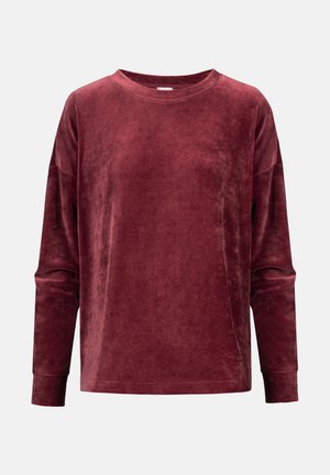 Bordeaux fluwelen sweatshirt met lange mouwen, ronde hals, een relaxte pasvorm en minimale stiksels. Zachte textuur met een gladde afwerking.