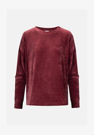 Sweatshirt en velours bordeaux à manches longues avec un col rond, coupe décontractée et couture minimale. Texture douce avec une finition lisse.