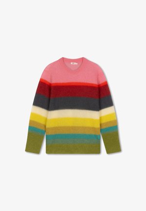 Wollen mix trui met horizontale strepen in roze, rood, grijs, geel en groen. Ronde halslijn met lange mouwen en een zachte textuur.