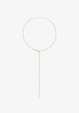 Zlatna ogrlica s minimalističkim dizajnom, koja sadrži kružni oblik i vertikalni privjesak. Teksturirana lančana veza dodaje detalje.