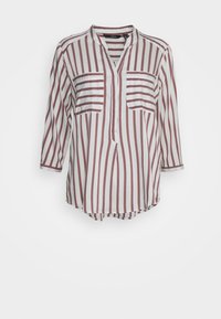 Randig blus med djup V-ringning, tillverkad av ett lätt material. Röda och vita vertikala ränder, två framfickor på bröstet och 3/4-långa ärmar.