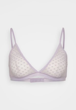 Levendula színű háromszög melltartó áttetsző anyagból, pöttyös szívmintával, állítható pántokkal és hullámos csipke díszítéssel a széleken.