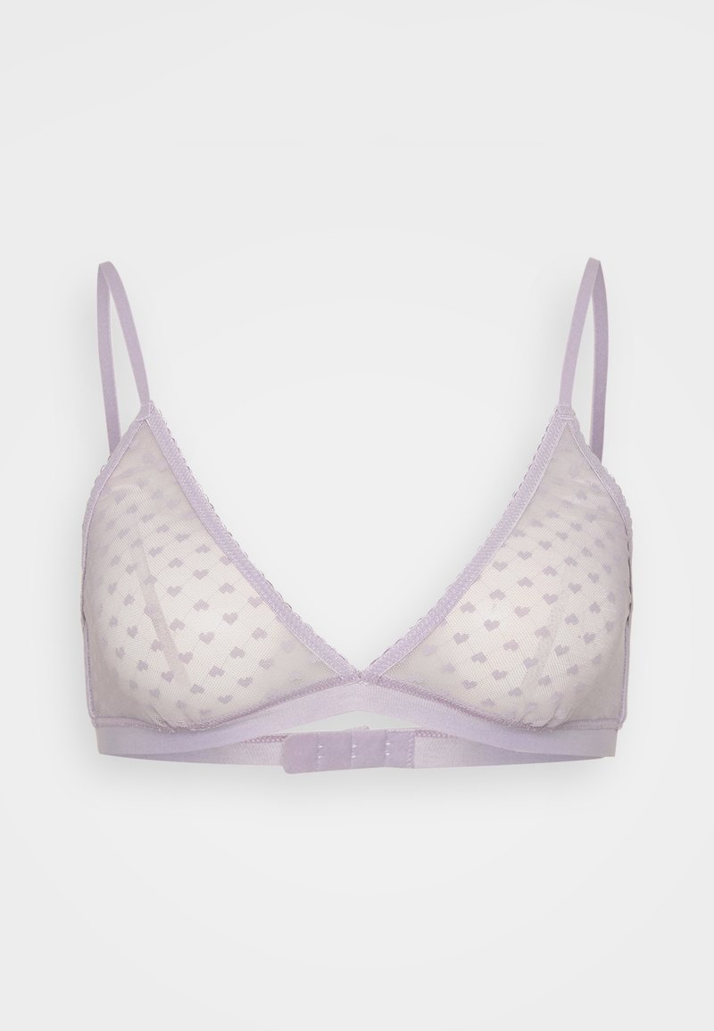 Lavandas trīsstūrainais bralete ar caurspīdīgu audumu, punktiņainu sirdi rakstu, regulējamiem siksniņām un viļņotu mežģīņu apdari gar malām.