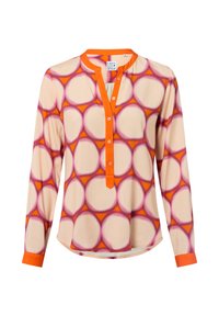 Langärmelige Bluse aus leichtem Stoff mit einem kreisförmigen Muster in Rosa- und Orangetönen. Sie verfügt über eine Knopfleiste vorne und orangefarbene Akzente.