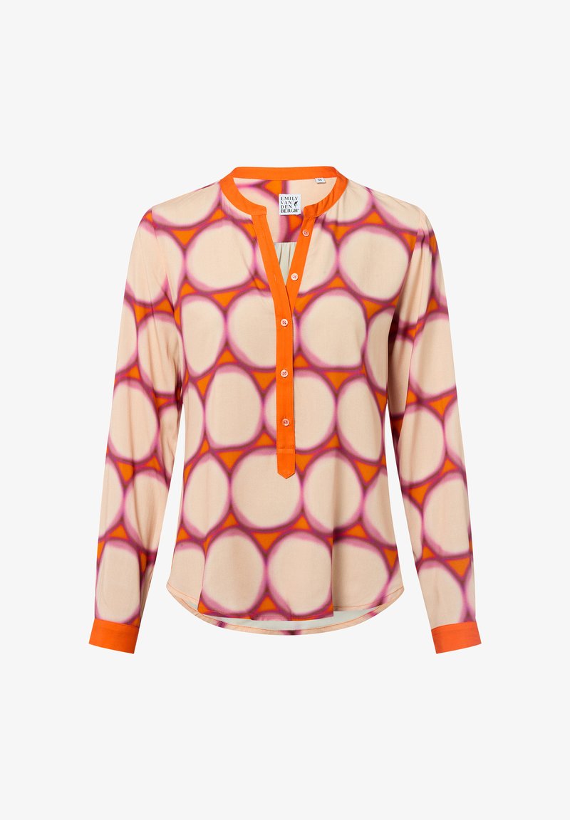Langärmelige Bluse aus leichtem Stoff mit einem kreisförmigen Muster in Rosa- und Orangetönen. Sie verfügt über eine Knopfleiste vorne und orangefarbene Akzente.