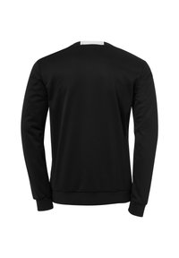 Felpa nera con maniche lunghe, collo a giro e polsini a costine. Tessuto liscio, design minimalista, con una piccola etichetta bianca sul retro.